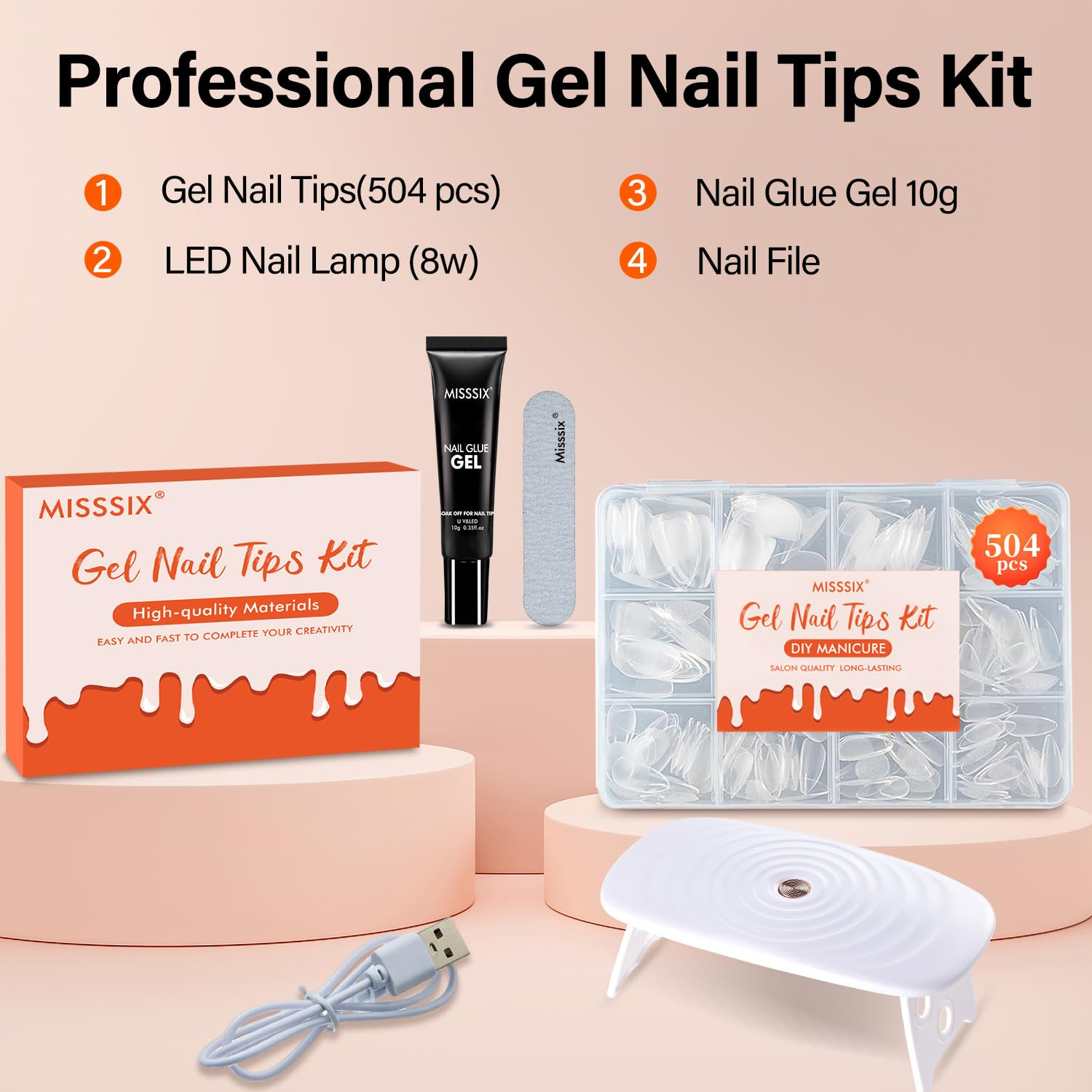 Short Almond Gel X Nail Tips Kit, 504Pcs Pre Etched Clear Fake Nails, Full Cover