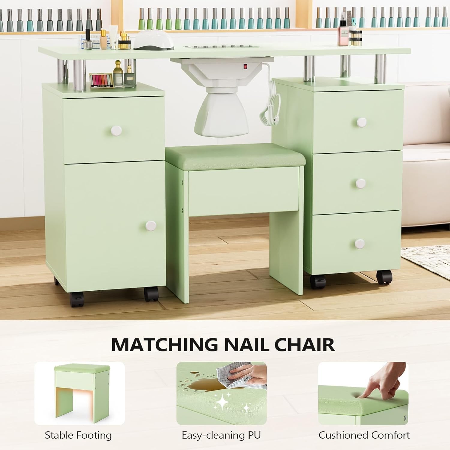 Salon Nail Desk Set with Stool, Drawers, Dust Collector, Smooth Rolling Wheels