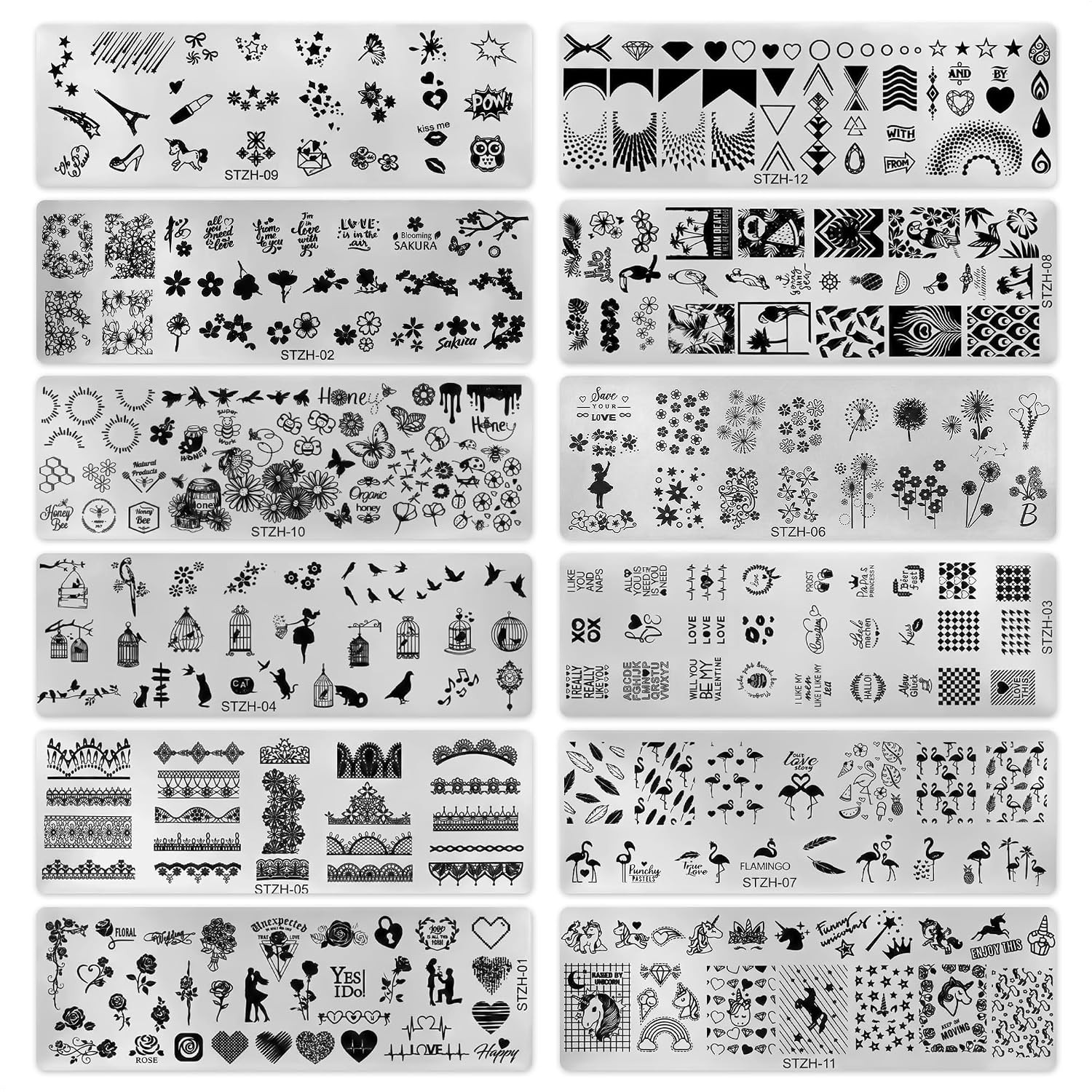 Holiday Nail Stamping Plates 12 Pcs, Stainless Steel Art Templates | Unique