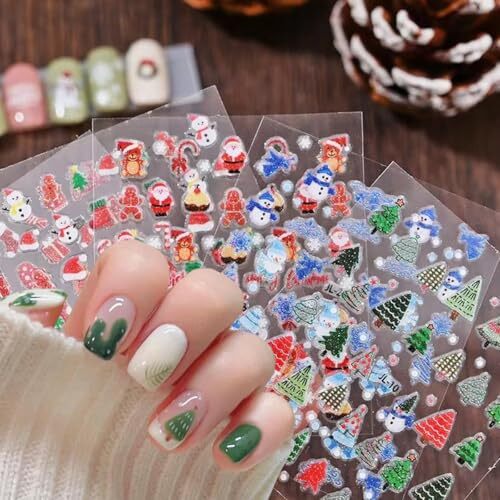 Glitter Christmas Nail Art Stickers for Set 3D Self- Adhesive Christmas Cartoon