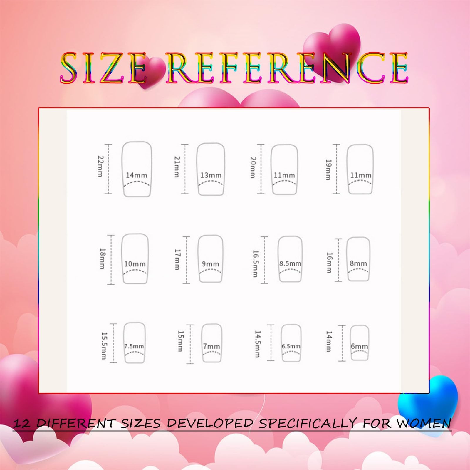 Square Press on Nails Medium Length Glitter French Tip Press on Nails Heart D…