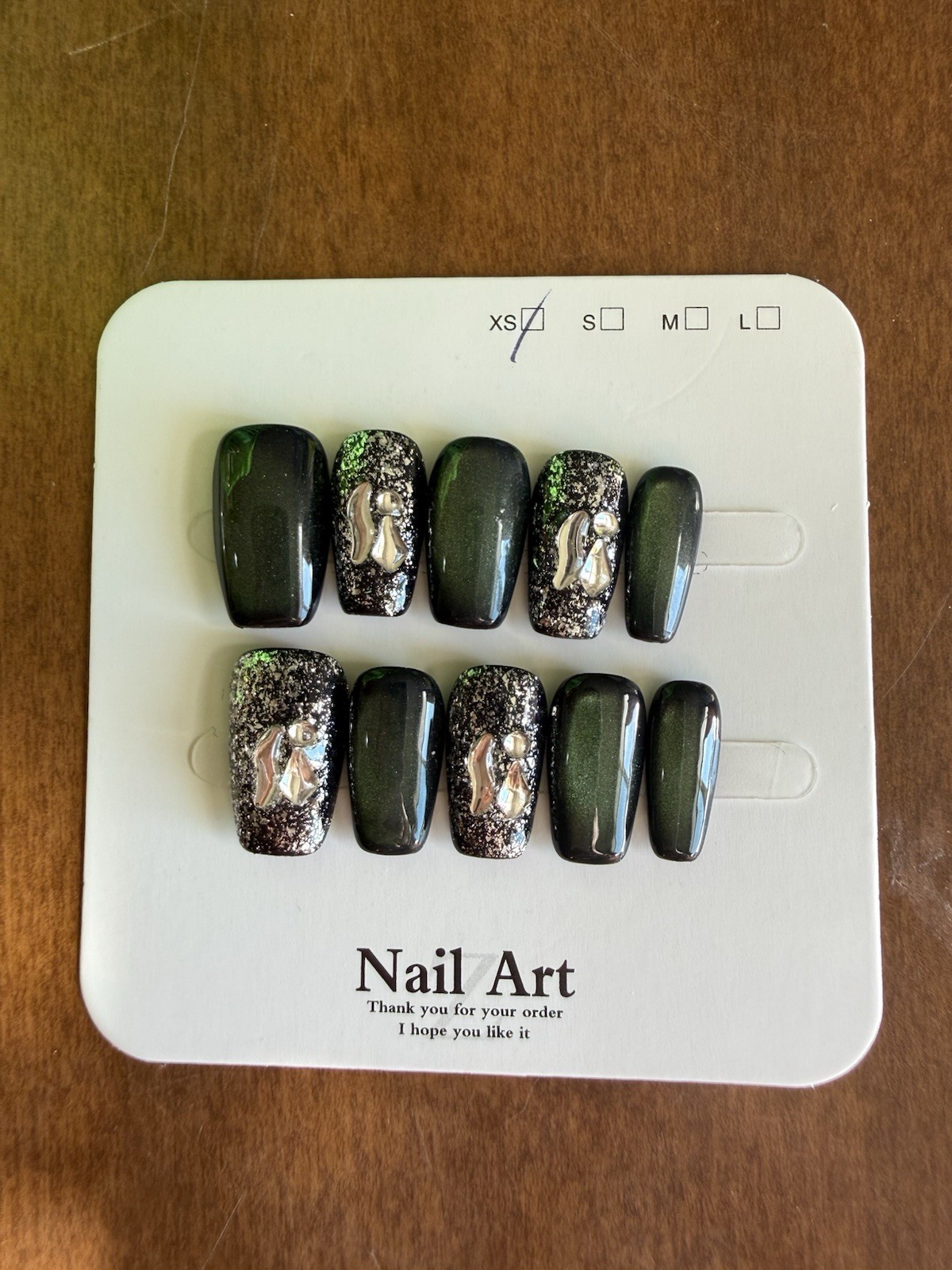Press-On Nails Medium Coffin Dark Green Black Silver Glitter Shiny 3D Acrylic