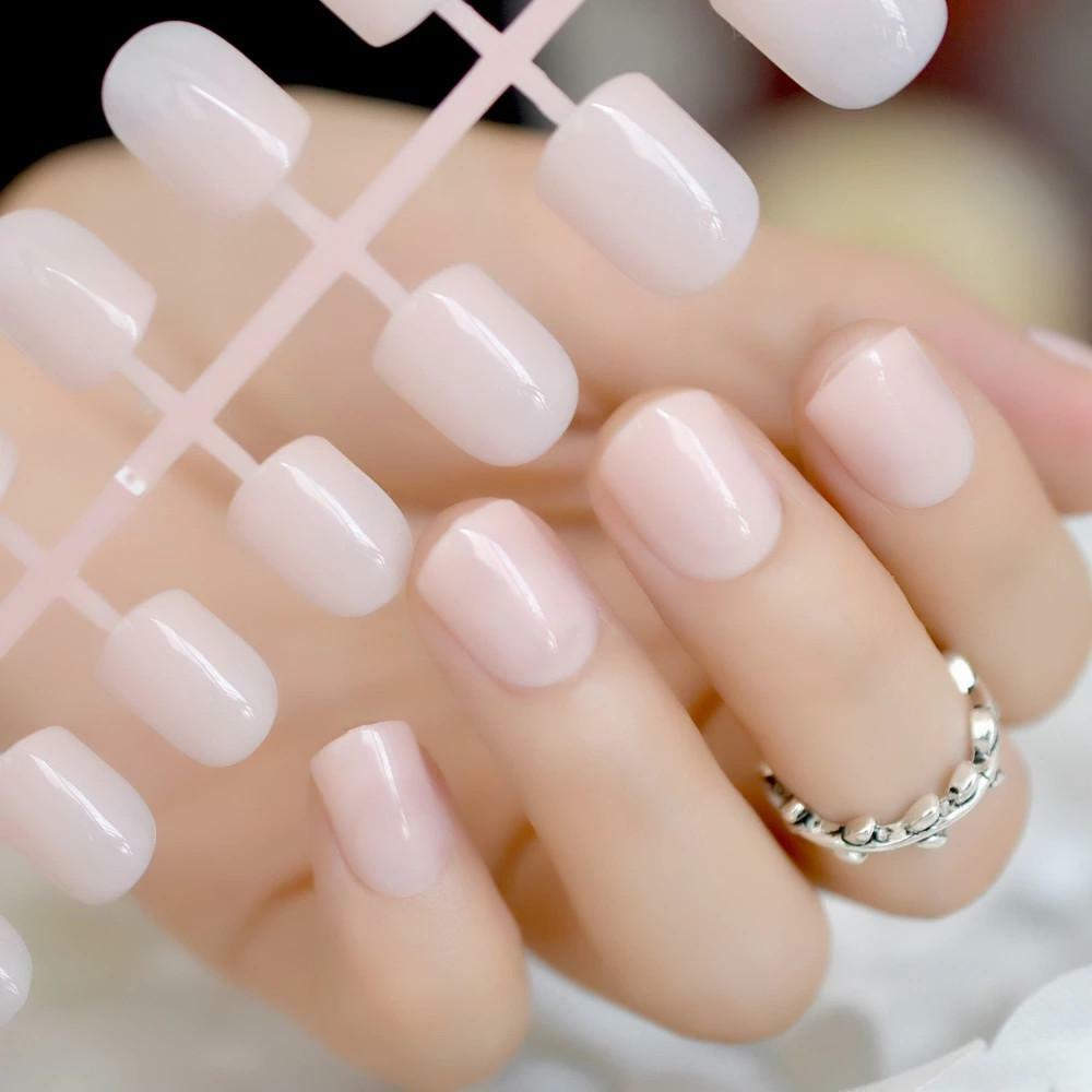 Light Pink Pale Press On Nails Short Square False Nails Acrylic Gel Shine 097