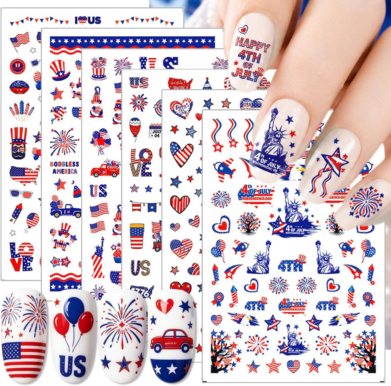4Th of July Nail Stickers Decals Red White Blue Independence Day Map Fireworks 3