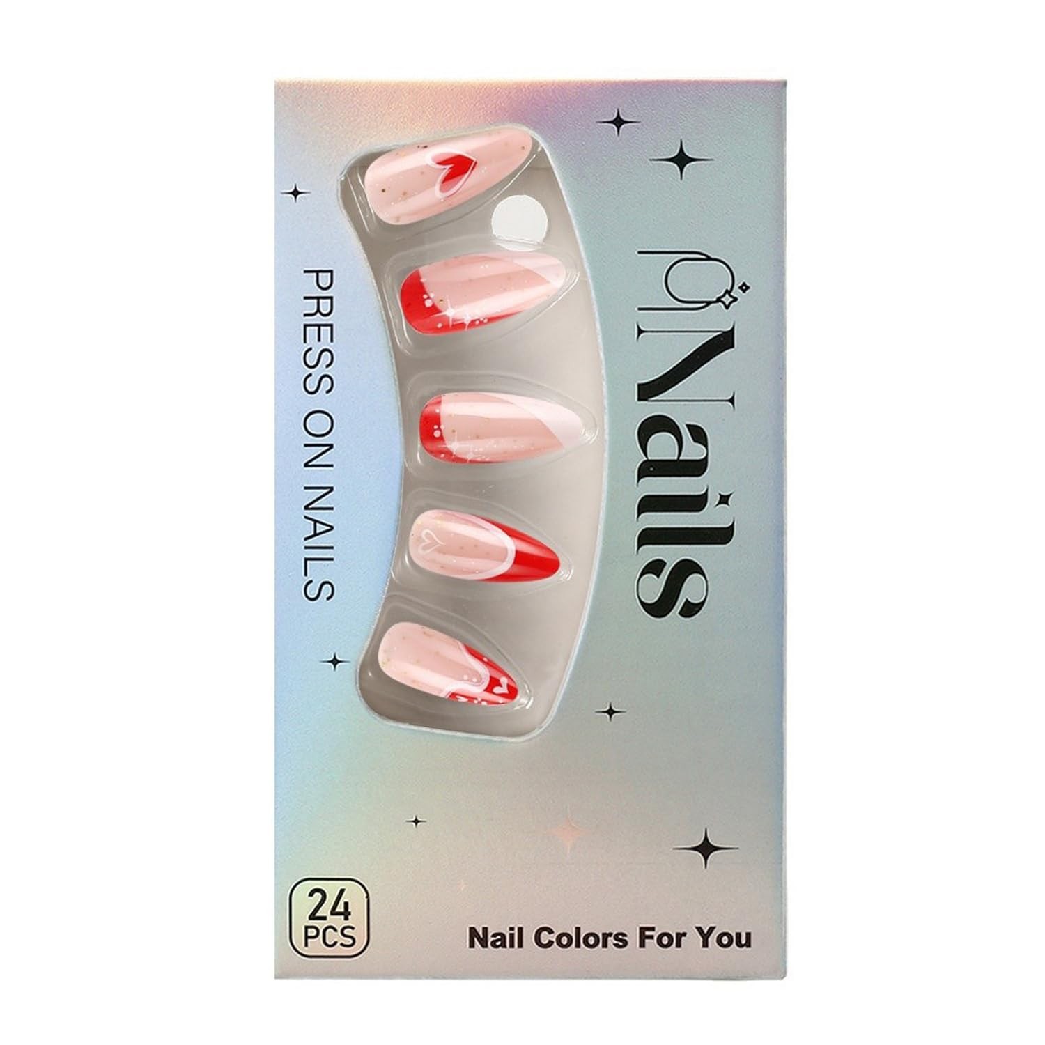 Valentine’s Day Press on Nails Almond Medium Fake Nails with Red Heart Glitte…