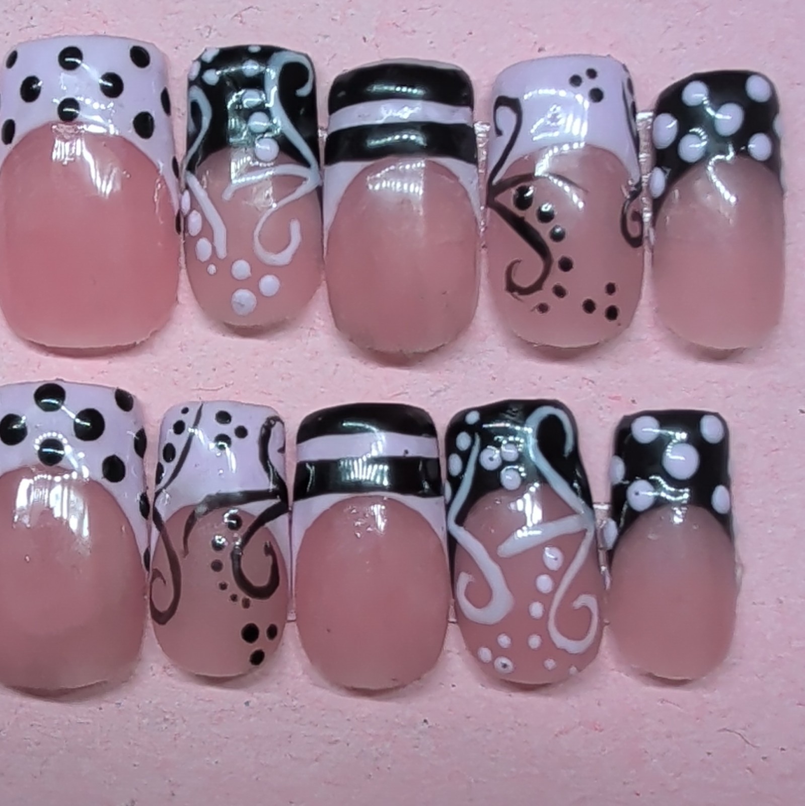 10 Piece Short Square Press-On , French, Pink Black White Polka Dot, Handmade
