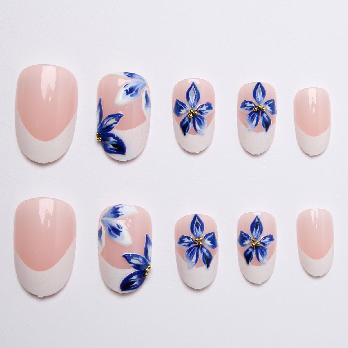 24Pcs Blue Flower Press on Nails Medium Almond French Tip Fake Nails 3D Floral G