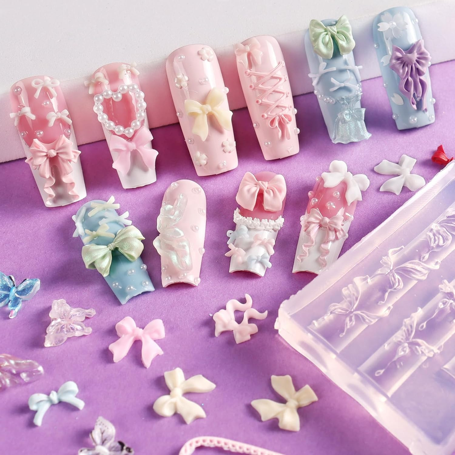 4Pcs Bowknot Silicone Nail Art Molds, 3D Multiple Shapes Ribbon Lace Bows Charms