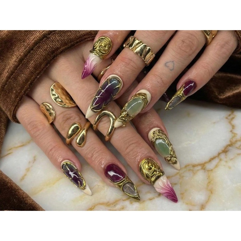 Cat Eye Jade Handmade Press on Nails Gold Metal Vintage Sheer Gloss Fake Nails