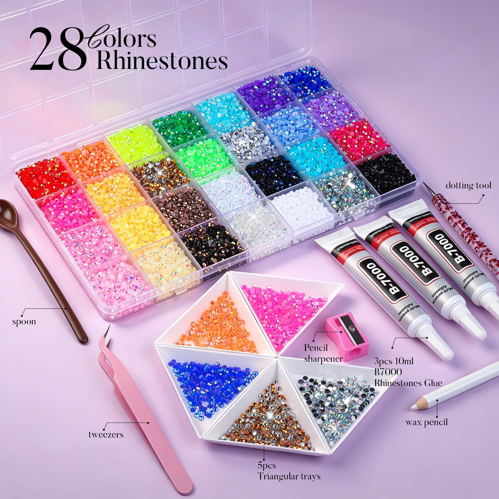28 Colors Rhinestones Kit – 30000 Flatback Gems with B7000 Glue & Tools for Nail
