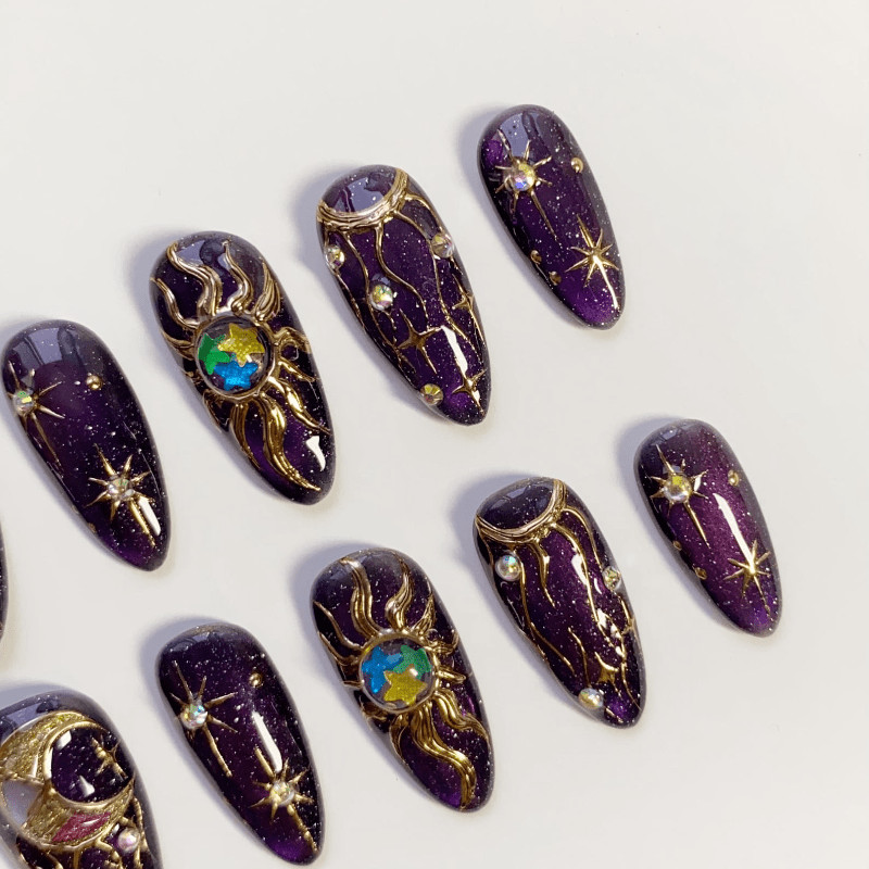 Galaxy Moon Handmade Press on Nails Gold Purple Glitter Star Gloss Fake Nails