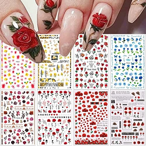 8 Sheets Flower Nail Art Stickers 3D Rose Nail Decals Self Adhesive Spring