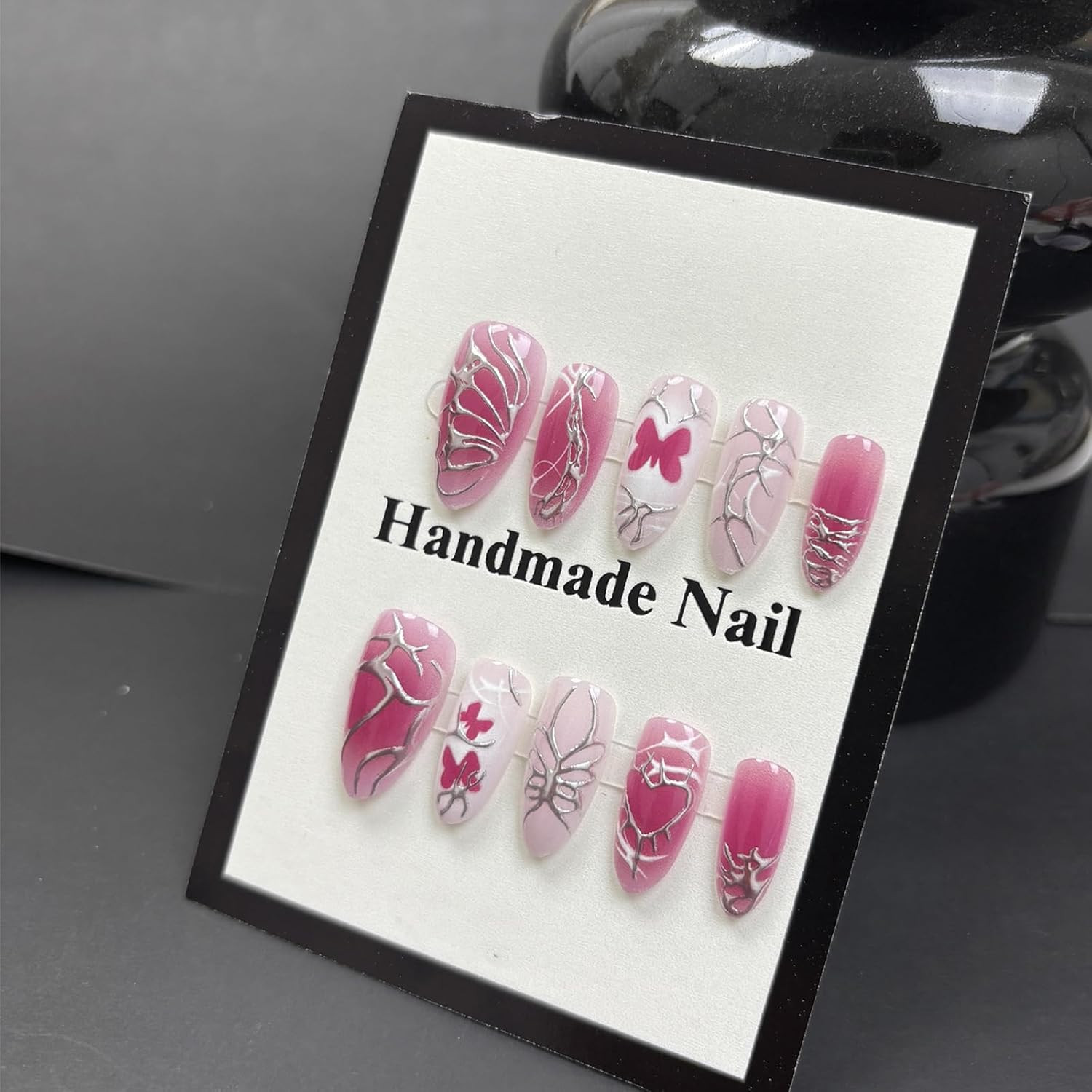 30Pcs Rose Red Y2K Press on Nails, Medium Almond Shape, Acrylic Material, Full C