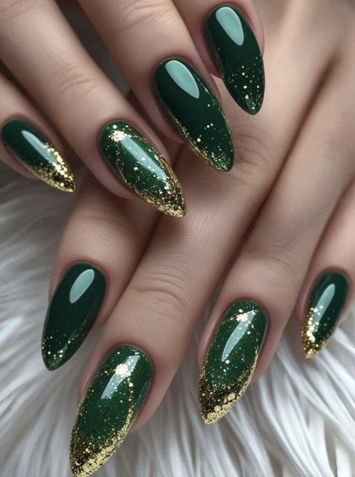 Reusable Self-Adhesive Press-On Nails Long Almond Green/Gold Glitter