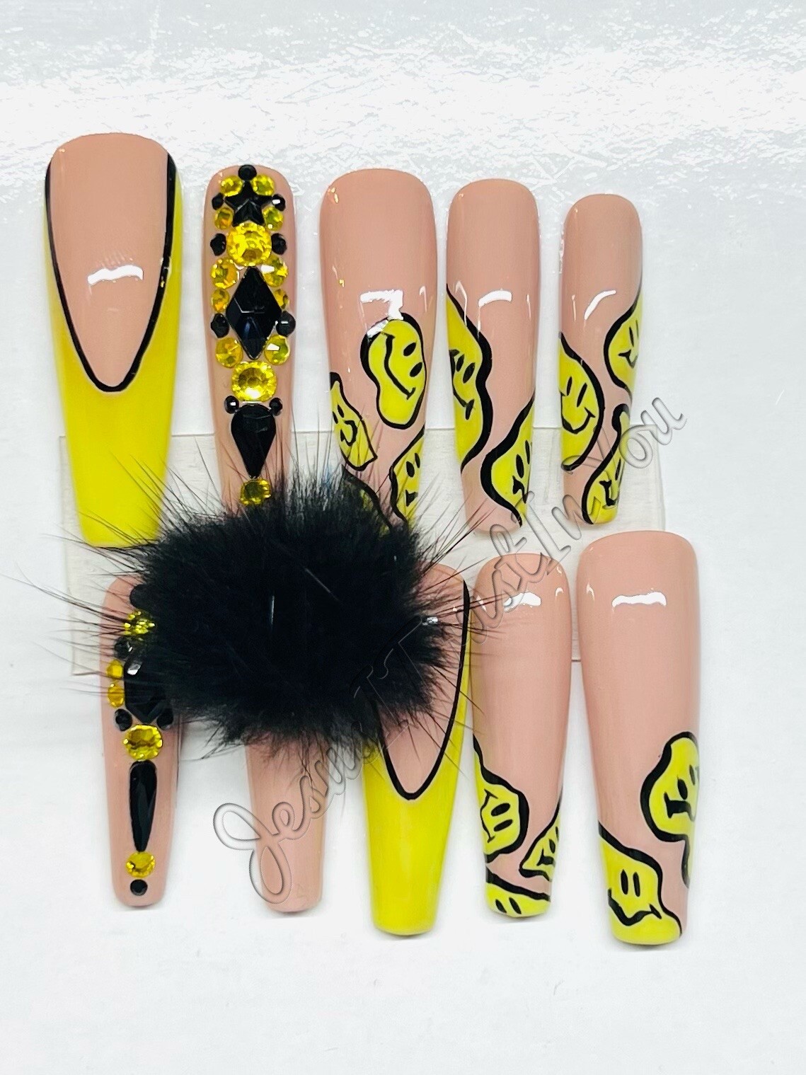 SMILEY 😃- CUSTOM XXL LONG BALLERINA GEL PRESS ON NAILS GLUE ON NAILS