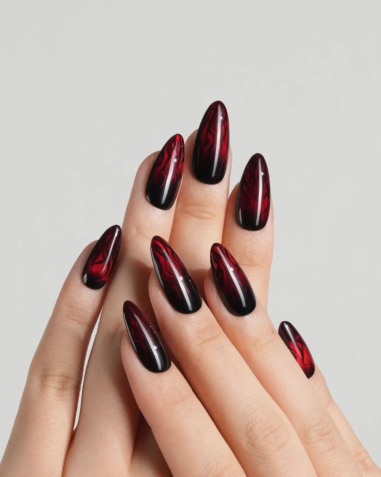Custom Handmade Halloween Gothic Black Red Smoke Swirl Almond Press on Nails
