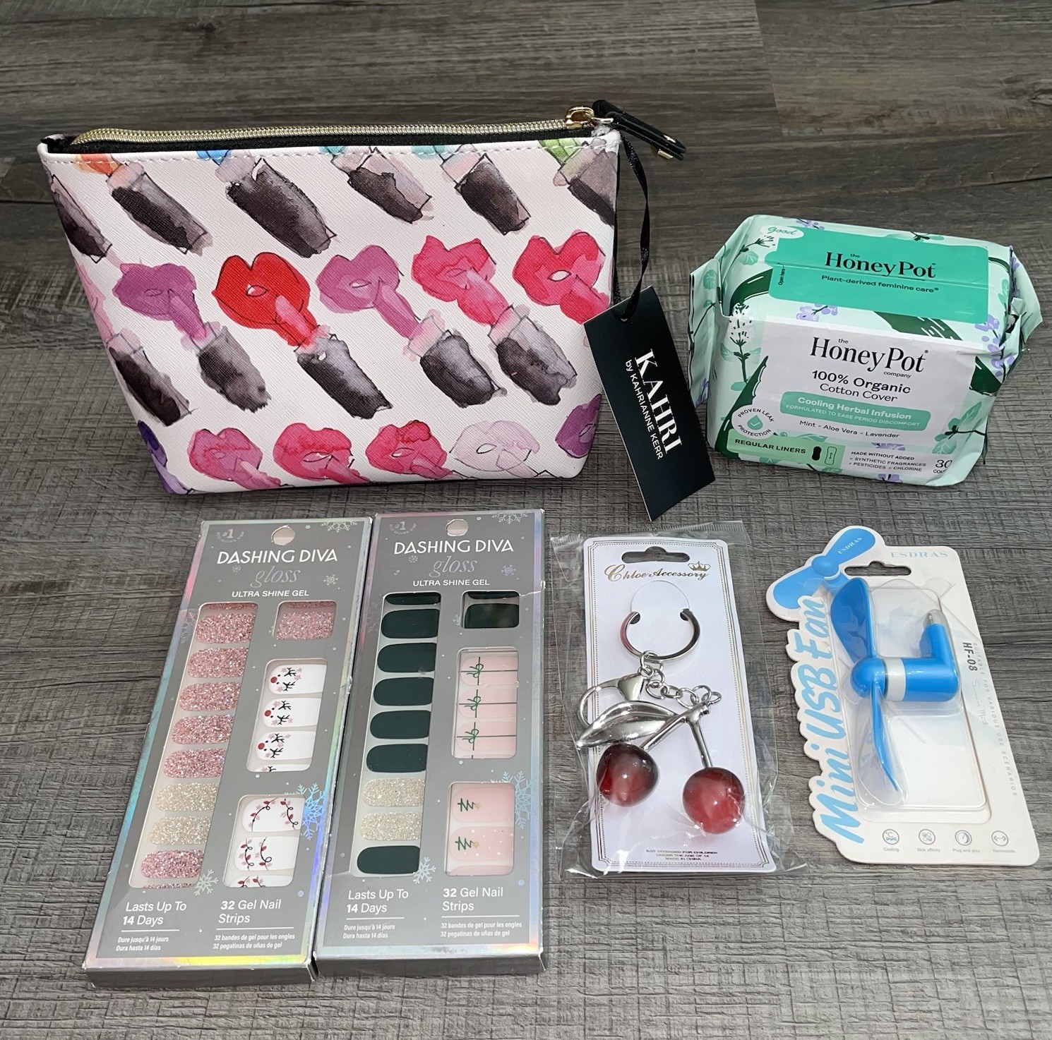 Dashing Diva Gloss Nails Girl Bundle ~ Cherries Charm, Cosmetic Bag, Phone Fan
