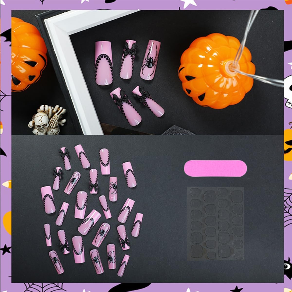 24Pcs Pink Halloween Nails Long Square Press 1 Ounce (Pack of 1), Multicolor