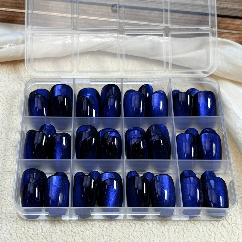 30 Pcs Sparkly Medium Oval Dark Blue Cat Eye Glossy Full Cover Artificial Press