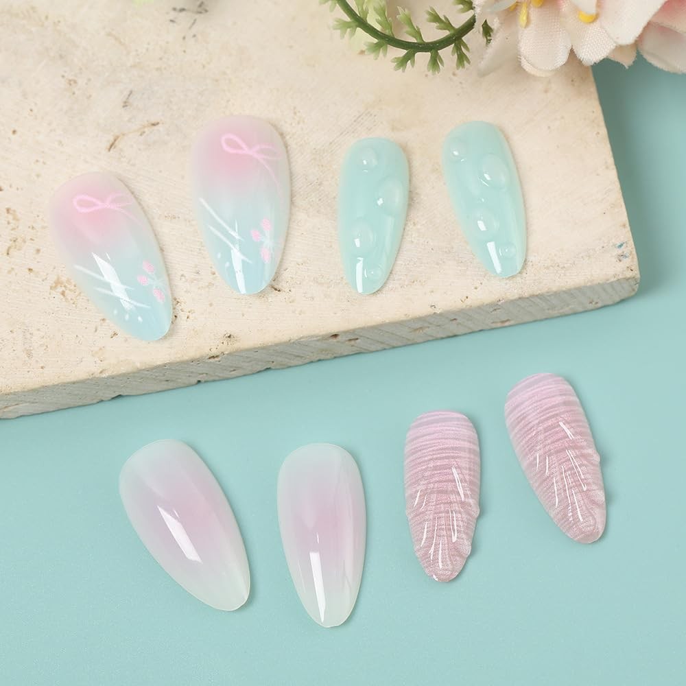 24 Pcs Ombre Press on Nails Short Almond Nail Tips,Pink Acrylic Nail Kit Fake…