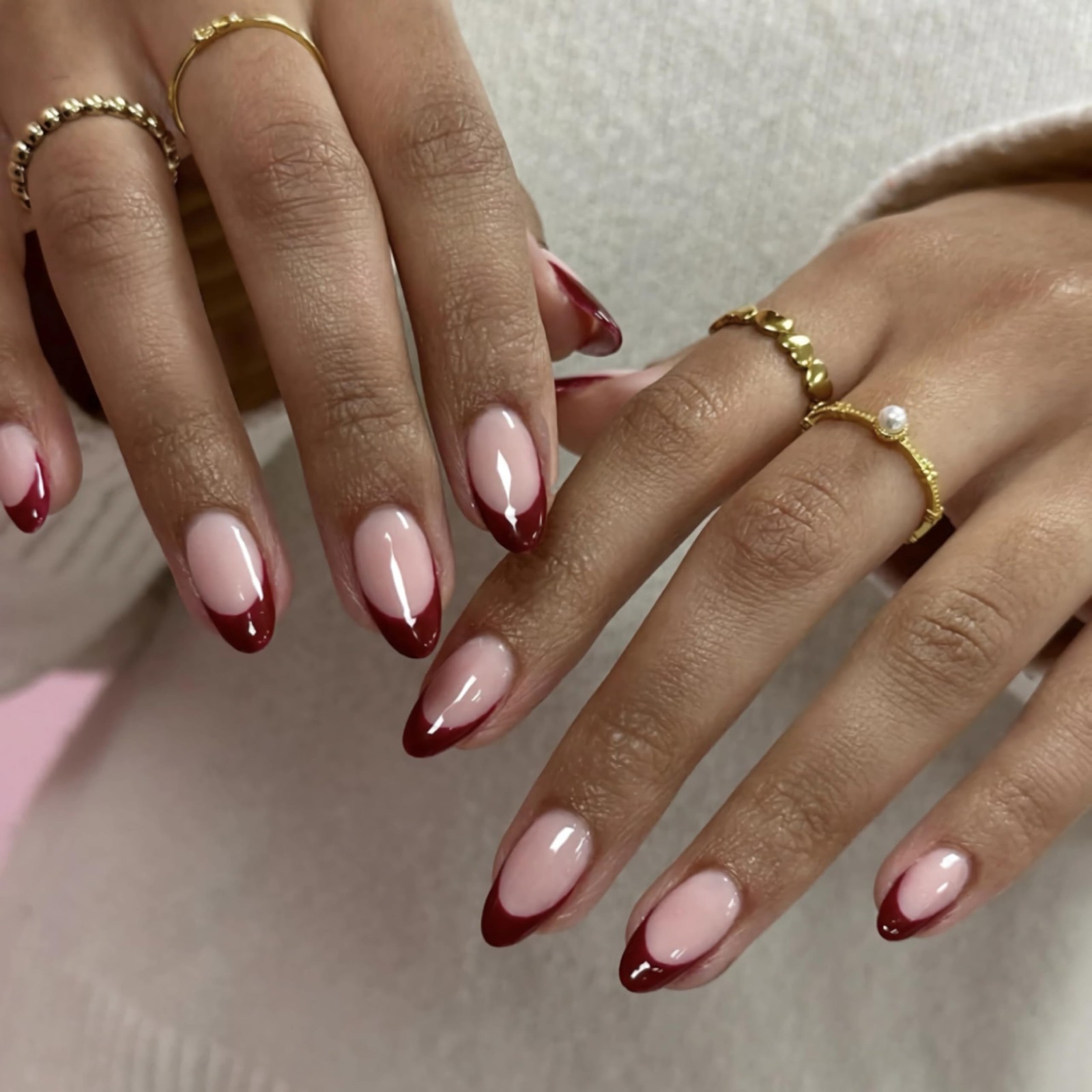 Red Nails Press on Almond Medium Fake Nails Burgundy French Tip Glue on Desig…