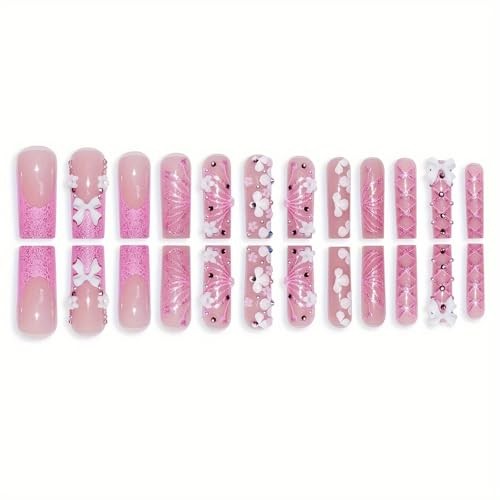 RUOKEXIN Long Square Press on Nails – Pink French Tip Fake Long Style-C6C31