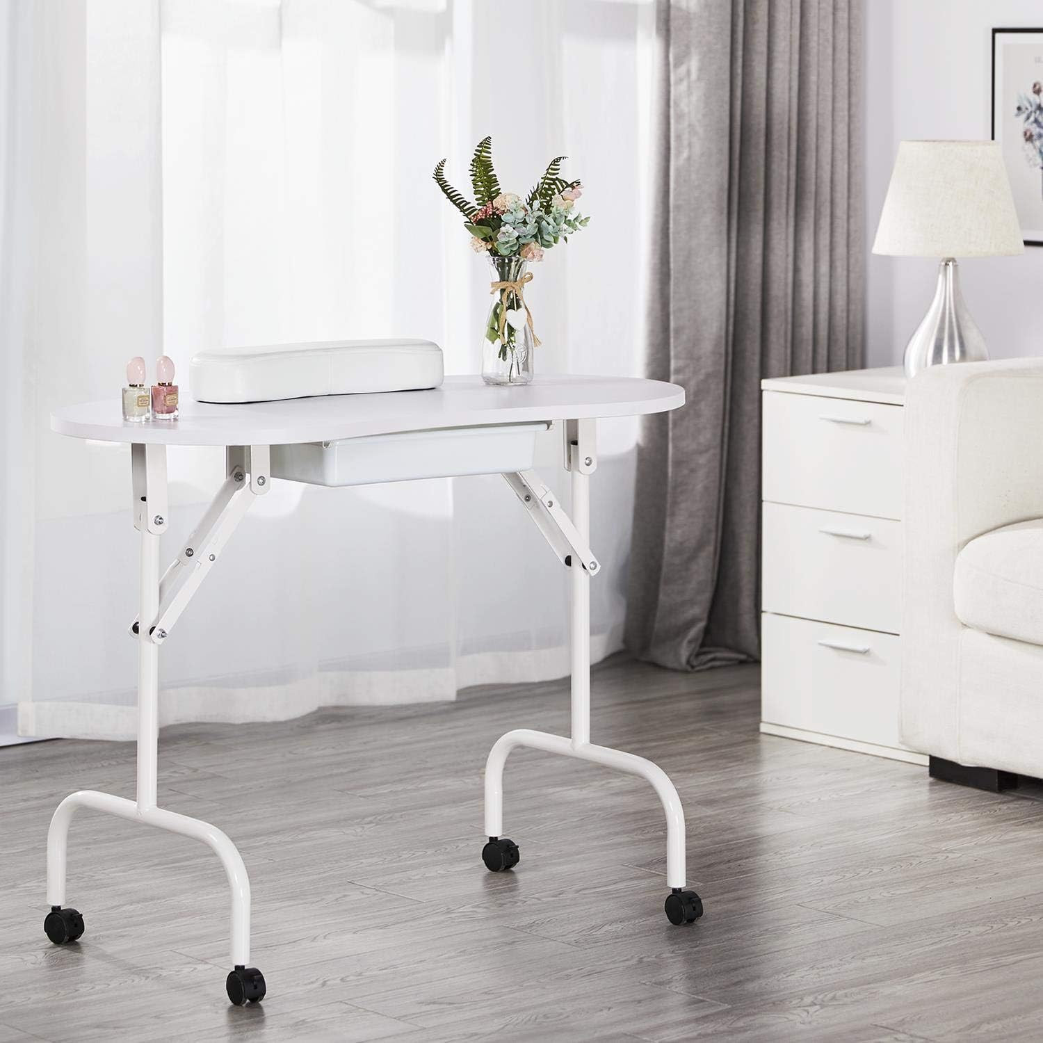37″ Foldable Manicure Nail Table Portable with Wheels, White | MDF Tabletop & Ir