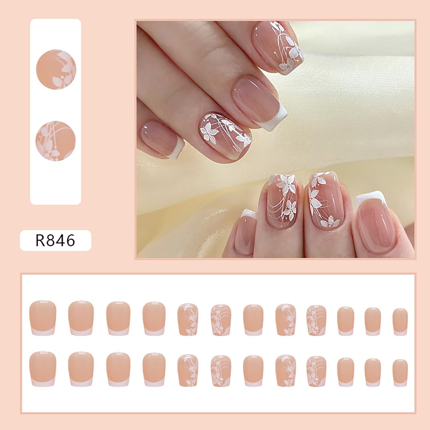 White Flower Press on Nails Short Square False Nails with Line Design White F…