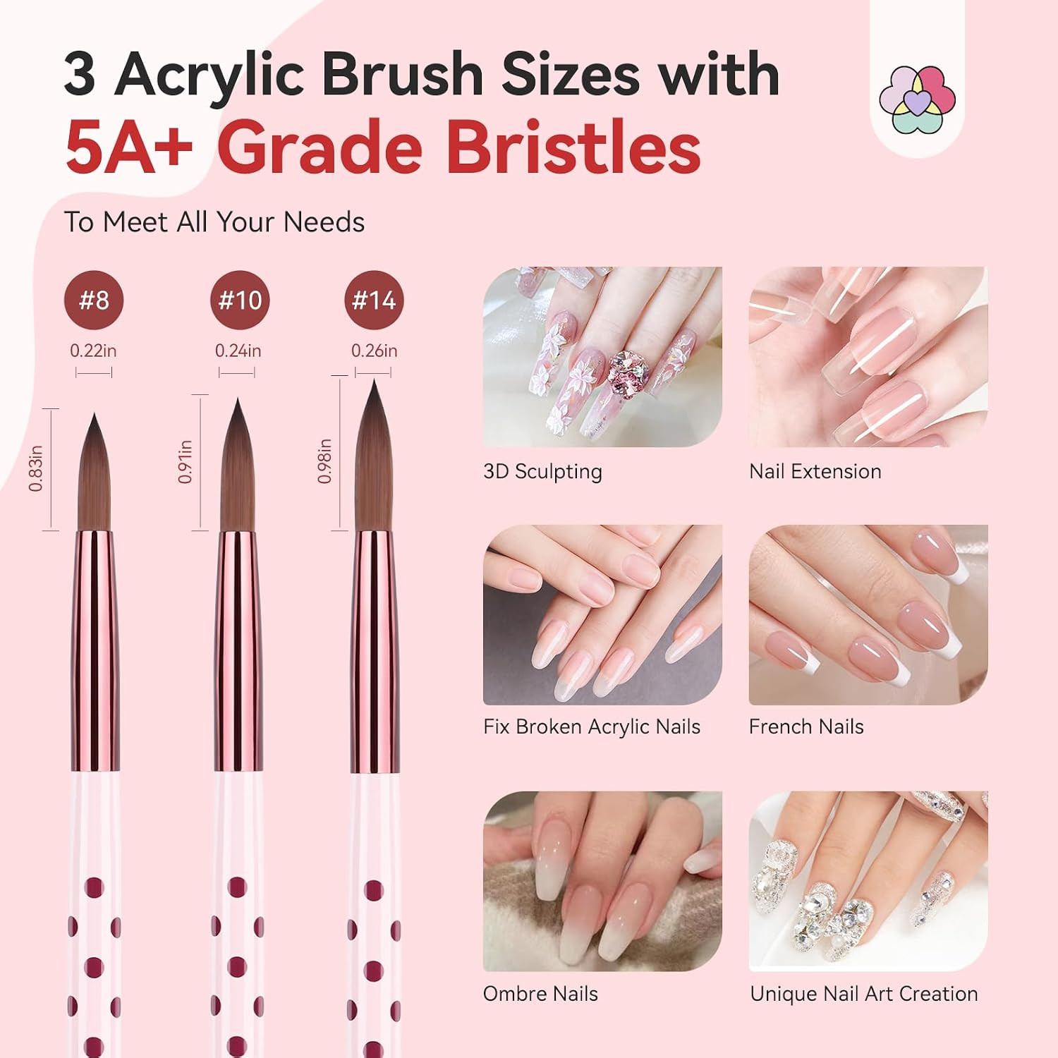 3PCS Acrylic Nail Brush Set Size 8/10/14 Pink | Kolinsky Acrylic