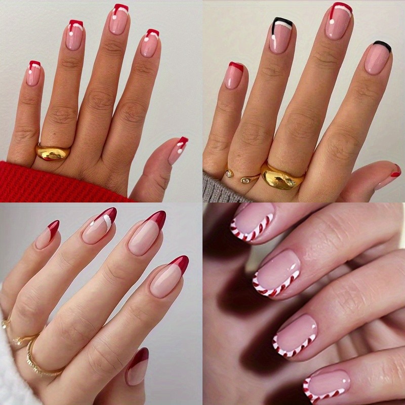 96PCS Christmas Candy Cane Press On Nails Swirl French Tip Festive Fake Nails