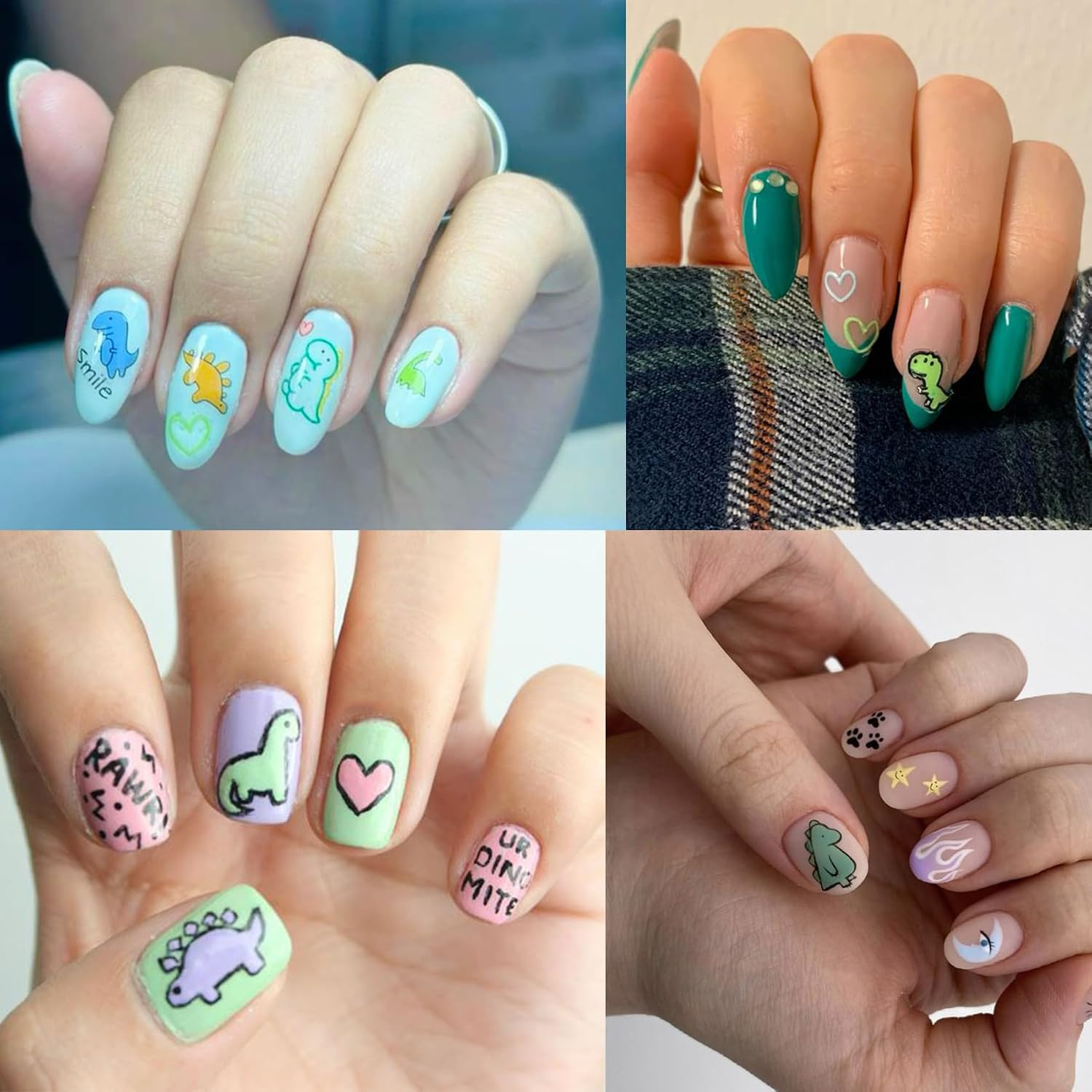 Dinosaur Nail Art Stickers for Kids- Cute Cartoon Designs, 3D Self-Adhesive Hear