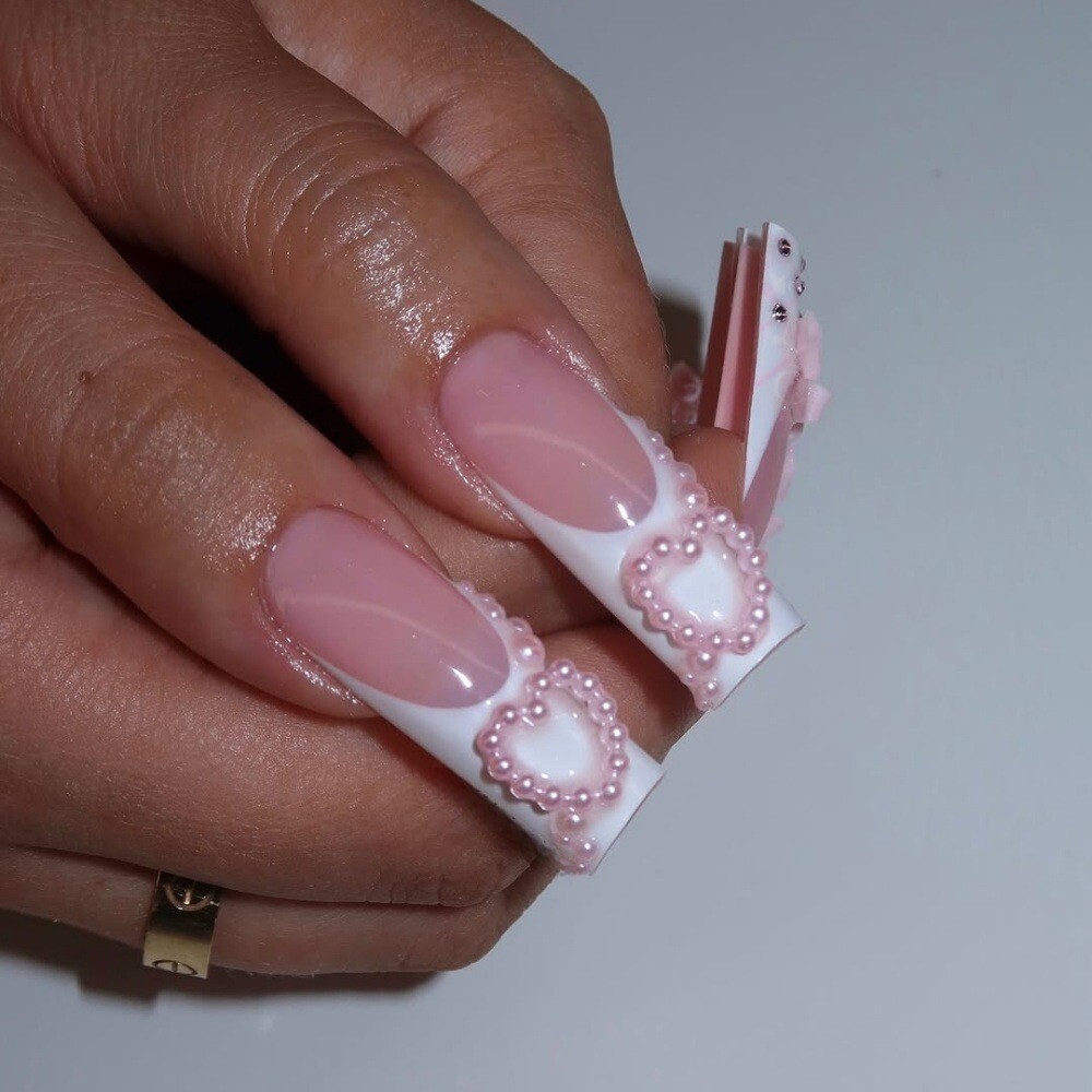 Pearl Heart Ribbon Press-On Nails – Long, Girly & TikTok-Inspired | Handmade Set