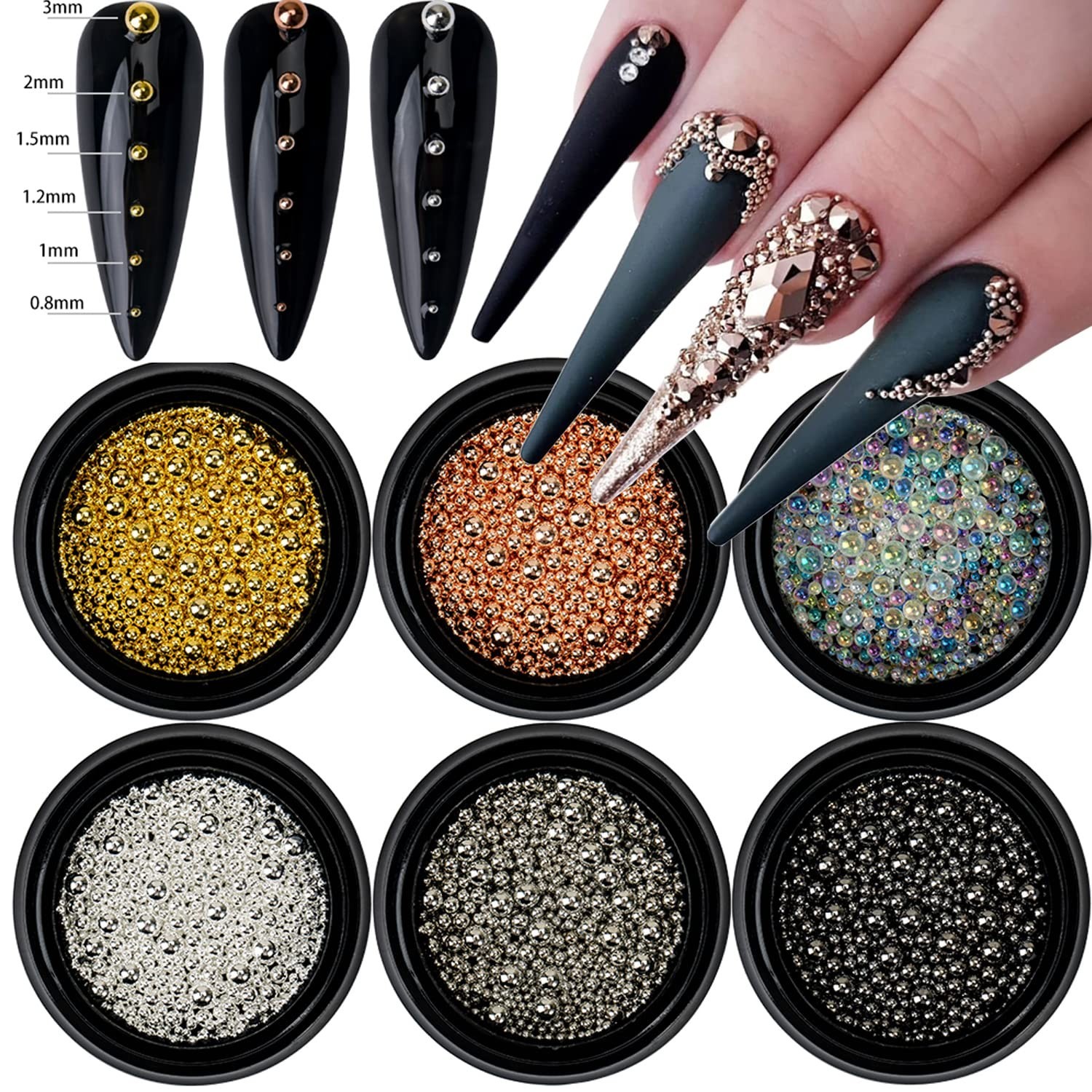 Versatile 6 Color Nail Caviar Beads – 0.8mm to 3mm Metal Charms for Artistry