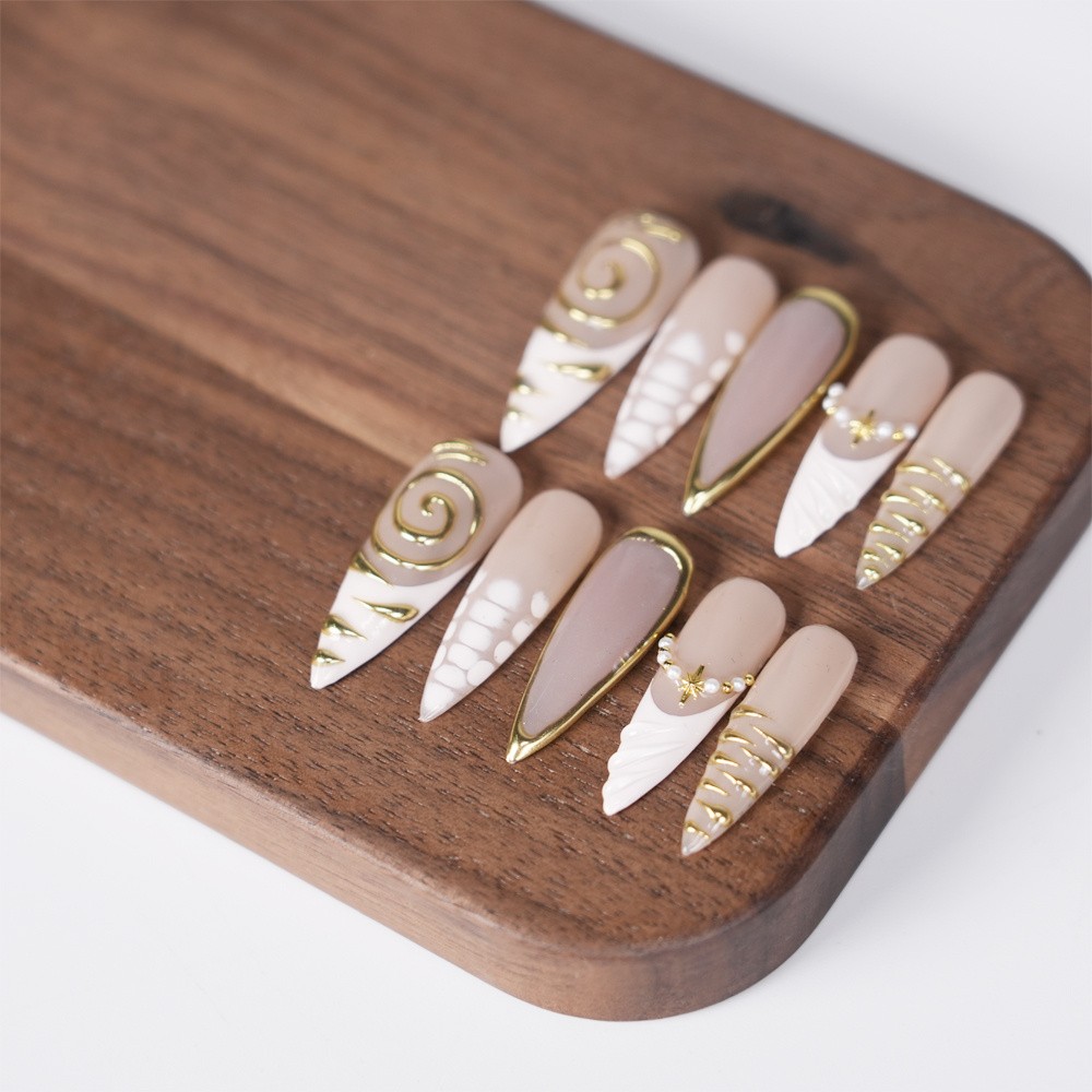 10p-Nude White Press on Nails Medium Almond Gold Swirl Pearl Star Design Accents