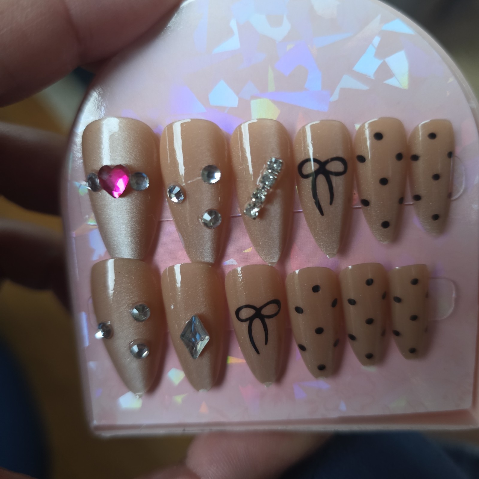 Luxury Press On Nails Lot of 6 Premium 3D Rhinestone Heart Bow Nail Art Kit