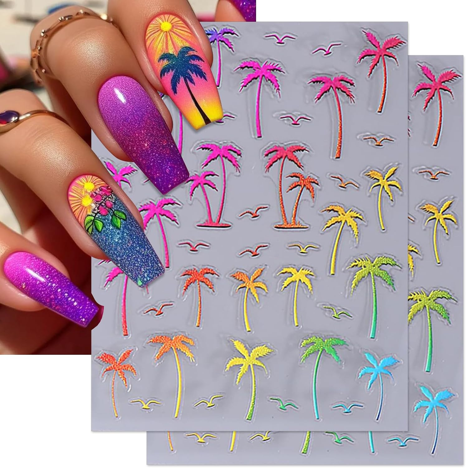 Summer Palm Tree Nail Art Stickers – Colorful Coconut Tree Seagull Self-Adhesive