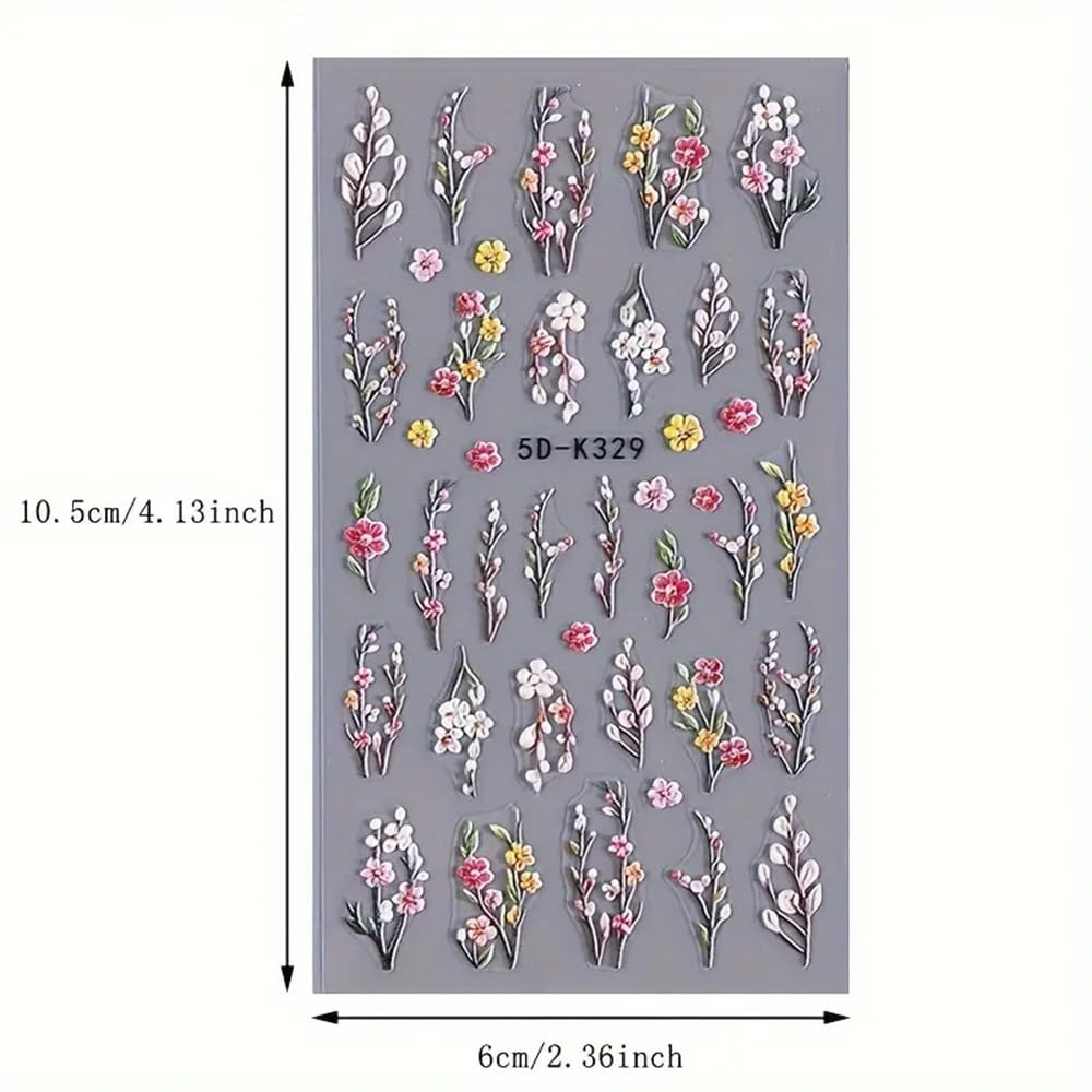 Purple Flower Nail Stickers 5D Embossed Branch Flowers Leaf Art A1