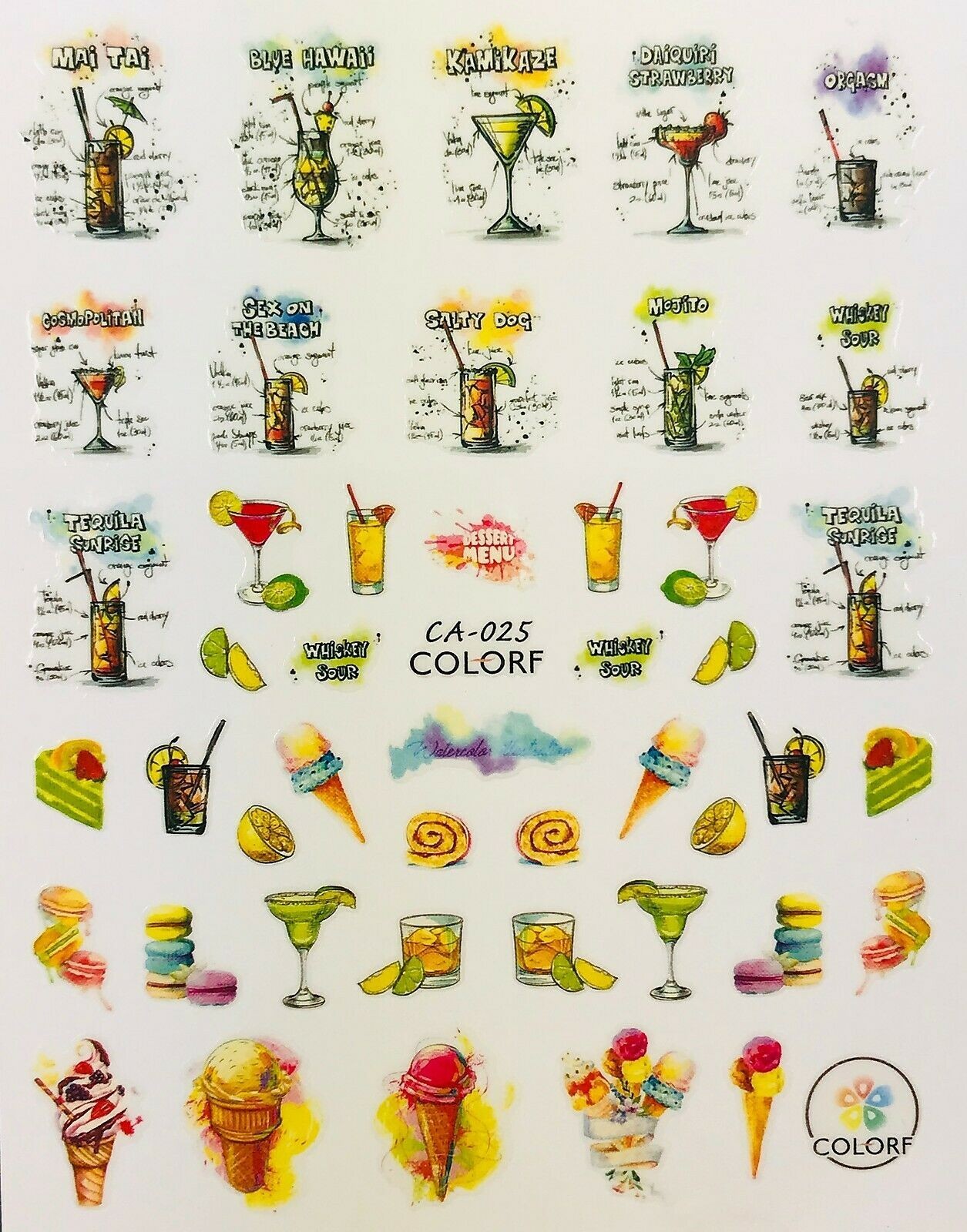 Nail Art 3D Decal Stickers Cocktails Bar Drinks Ice Cream Cone CA025