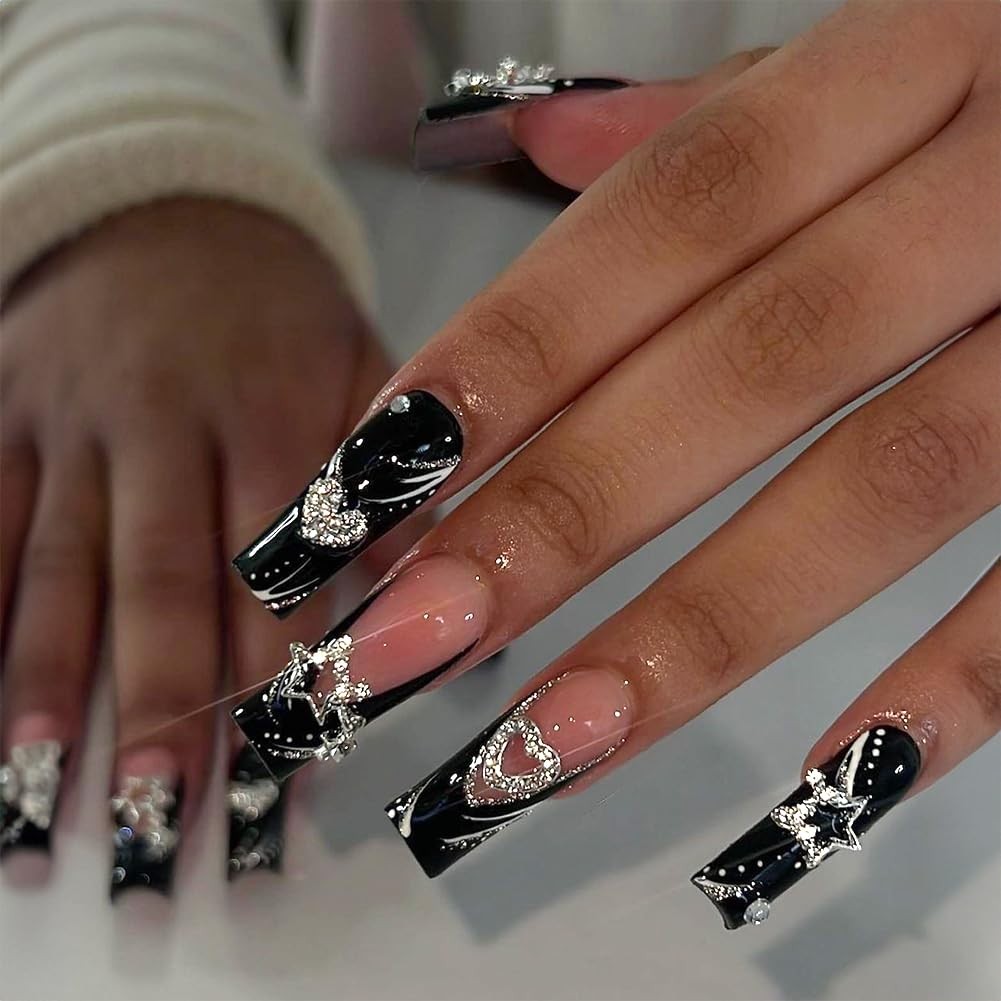 Long Press on Nails Black French Tip Long Fake Nails Coffin Press on Nails