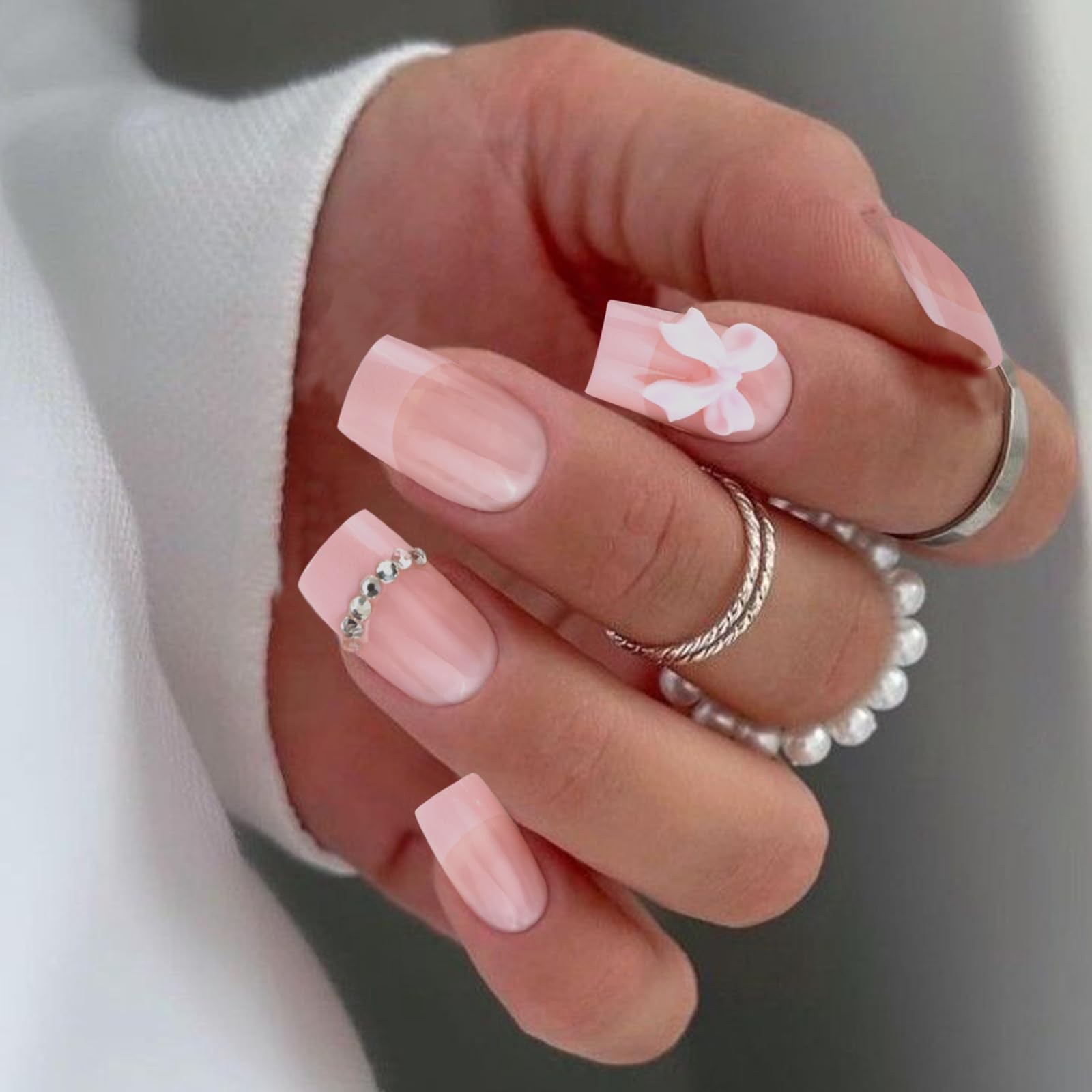 Light Pink French Tip Press on Nails Short Square Acrylic Fake Nails Press On…