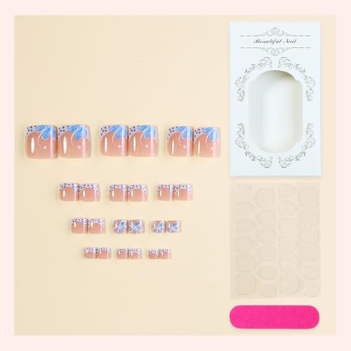 24Pcs French Tip Press on Toenails Short Square Polka Dots French Flowers