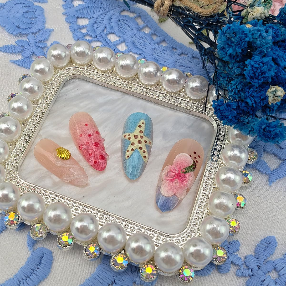 3D Summer Press on Nails Medium Almond Beach Fake Nails Gold Shell Jellyfish Oce