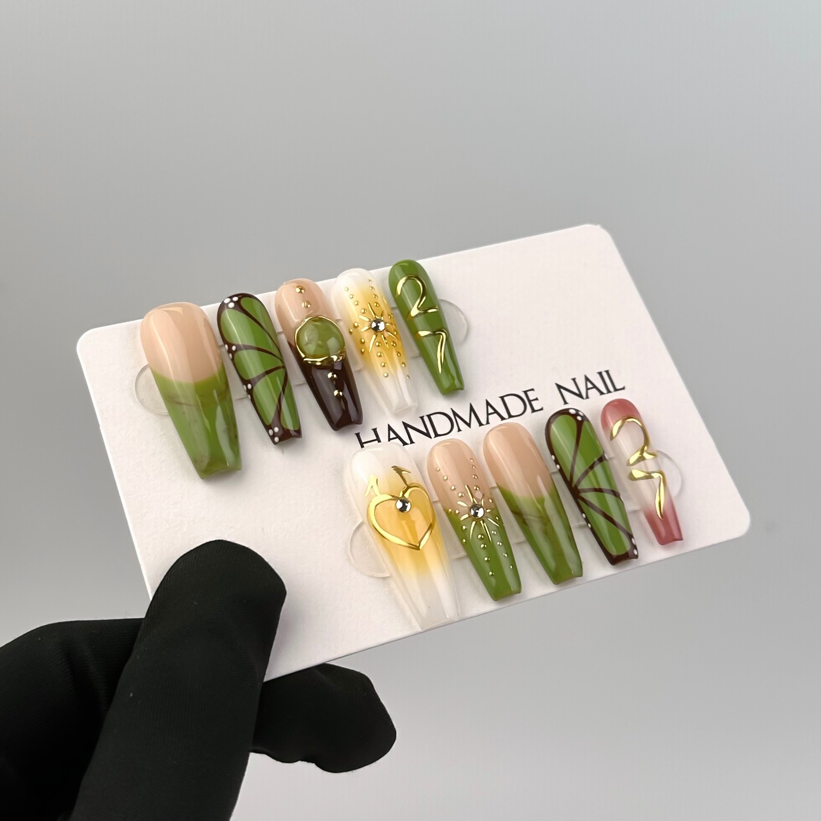 Long Coffin Tropical Jungle Press-On Nails with Gold & Amber Accents handmade