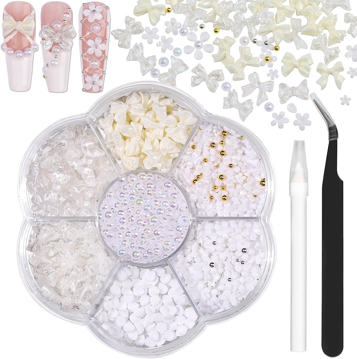 Charms Kit for Nails, 400Pcs Bow and Flatback Pearls Set, 3D Acrylic Rhinestones