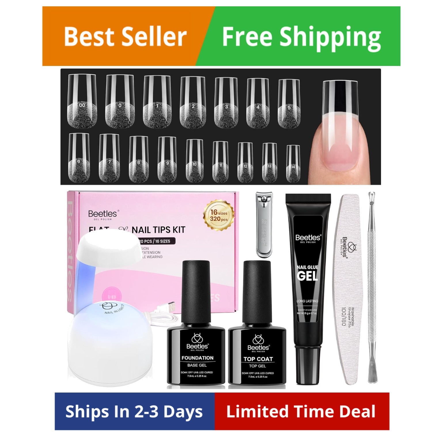 Beetles Gel Nail Kit Flat-X, Square Medium, 320pcs 16 Sizes Nail tips, with 1…