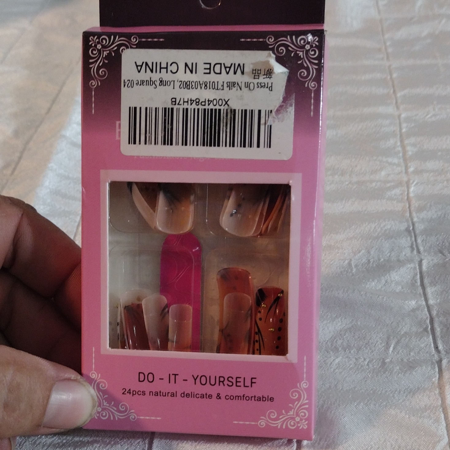 Long Square Press-On Nails Pink Nude Black Shiny Full Cover Pre-Designed 24pcs