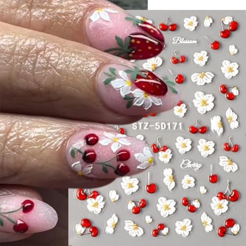 5D Nail Stickers Flower Cherry Nail Decals Embossed Self-Adhesive Cute Spring