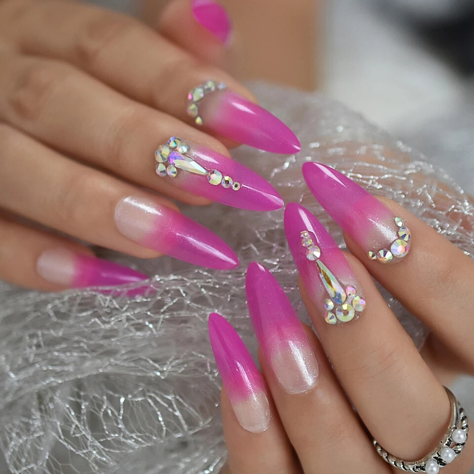 24 Press on nails Kit w Glue Long stiletto ombre fuchsia pink gems india wedding
