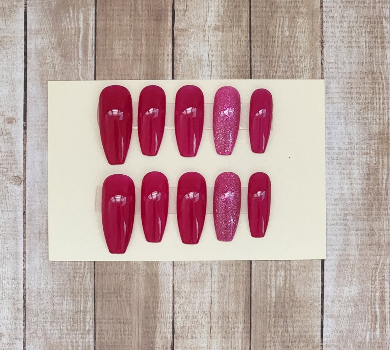 Custom Press On Gel Nails Handmade Pink with Glitter Coffin Long 10 Tips Small