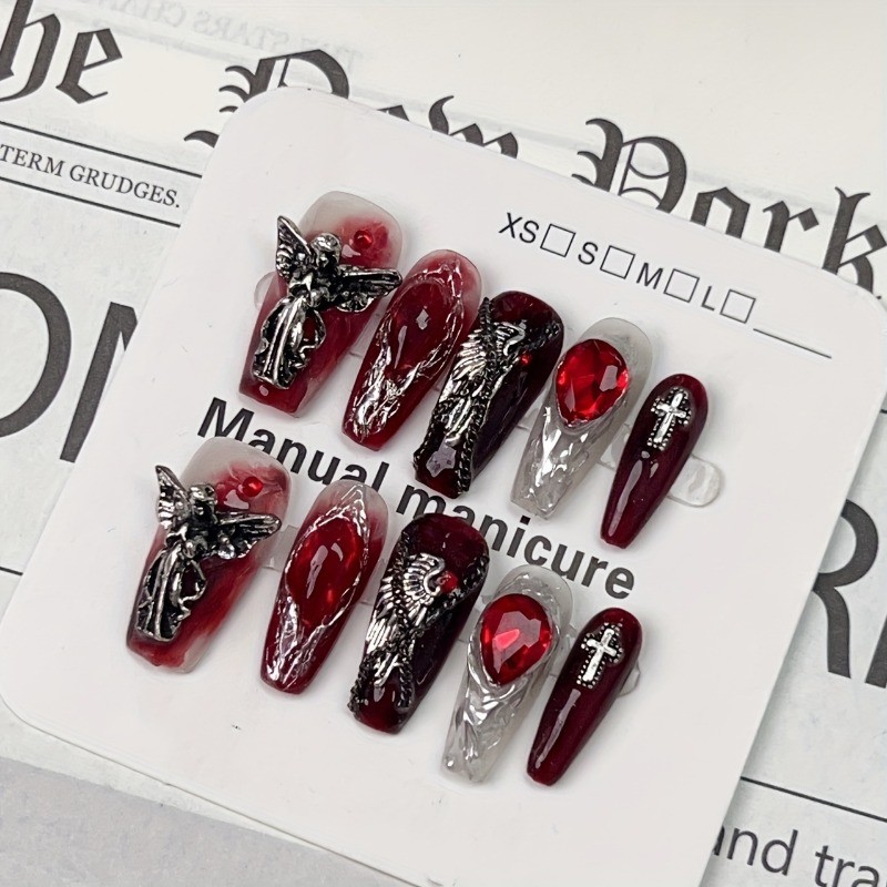 10Pcs Handmade Ballet Coffin Nails, Black Metallic Luster, Removable For Parties